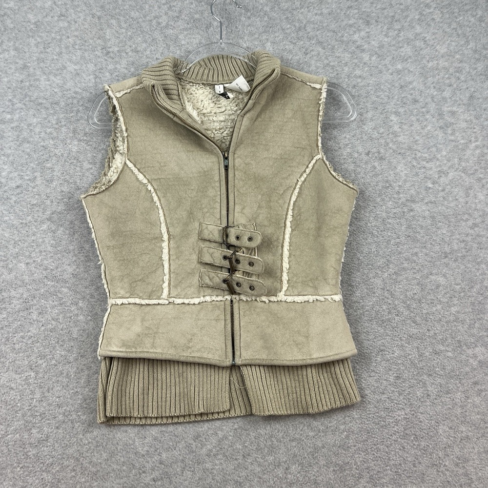 Vintage Faux Suede Knit Sherpr Fur Cropped Vest Clasp Buckle Women's Size S Y2K